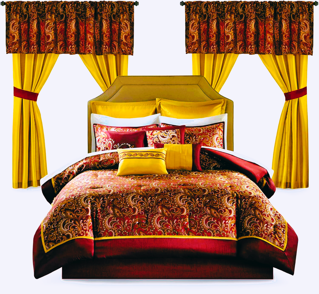 Madison Park Essentials Brystol 24 Piece Comforter Set King Red Faux Silk Jacquard Paisley All Season Bedding