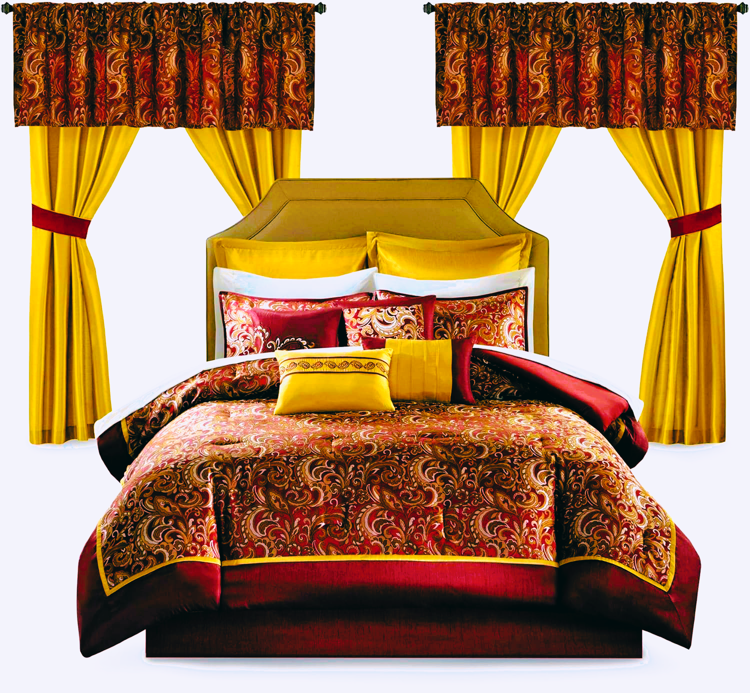 Madison Park Essentials Brystol 24 Piece Comforter Set King Red Faux Silk Jacquard Paisley All Season Bedding