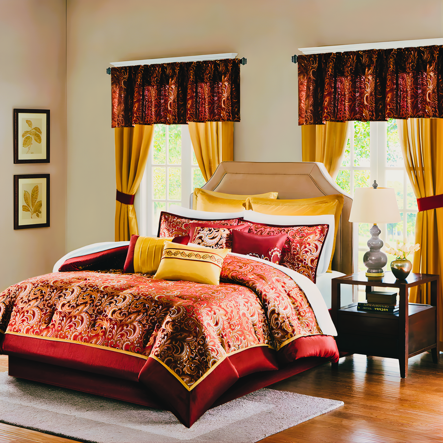 Madison Park Essentials Brystol 24 Piece Comforter Set King Red Faux Silk Jacquard Paisley All Season Bedding
