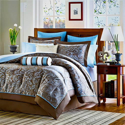 California King 12-piece Reversible Cotton Comforter Set in Brown and Blue - GreatSpace Discounts