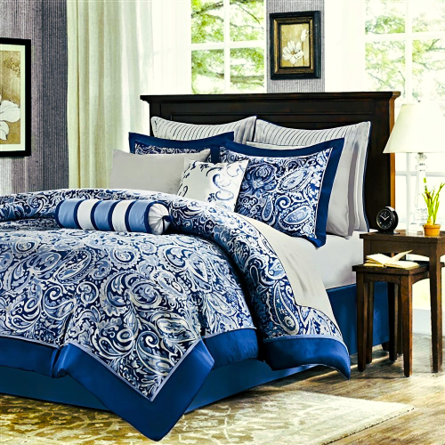 California King 12-piece Reversible Microfiber Comforter Set Navy Blue White - GreatSpace Discounts
