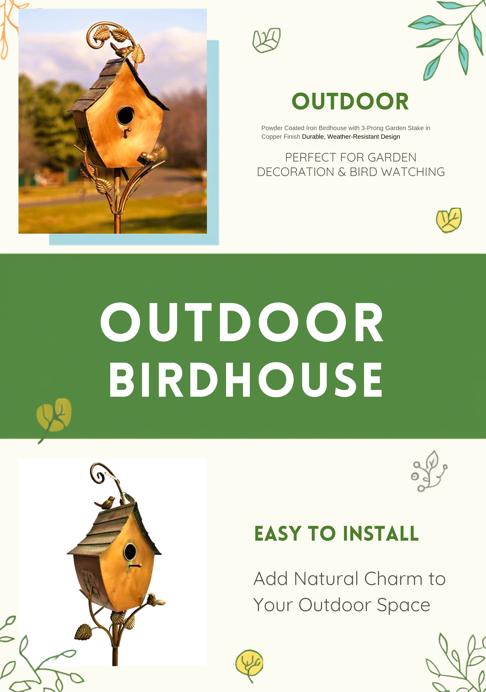Outdoor Powder Coated Iron Birdhouse with 3-Prong Garden Stake in Copper Finish