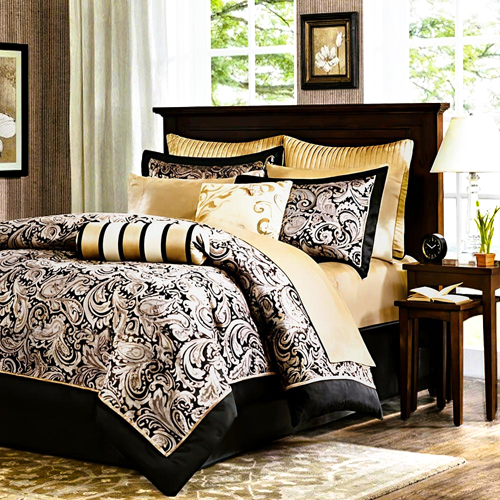 King 12 Piece Cotton Polyester Comforter Set Black Gold Paisley - GreatSpace Discounts
