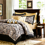 King 12 Piece Cotton Polyester Comforter Set Black Gold Paisley - GreatSpace Discounts