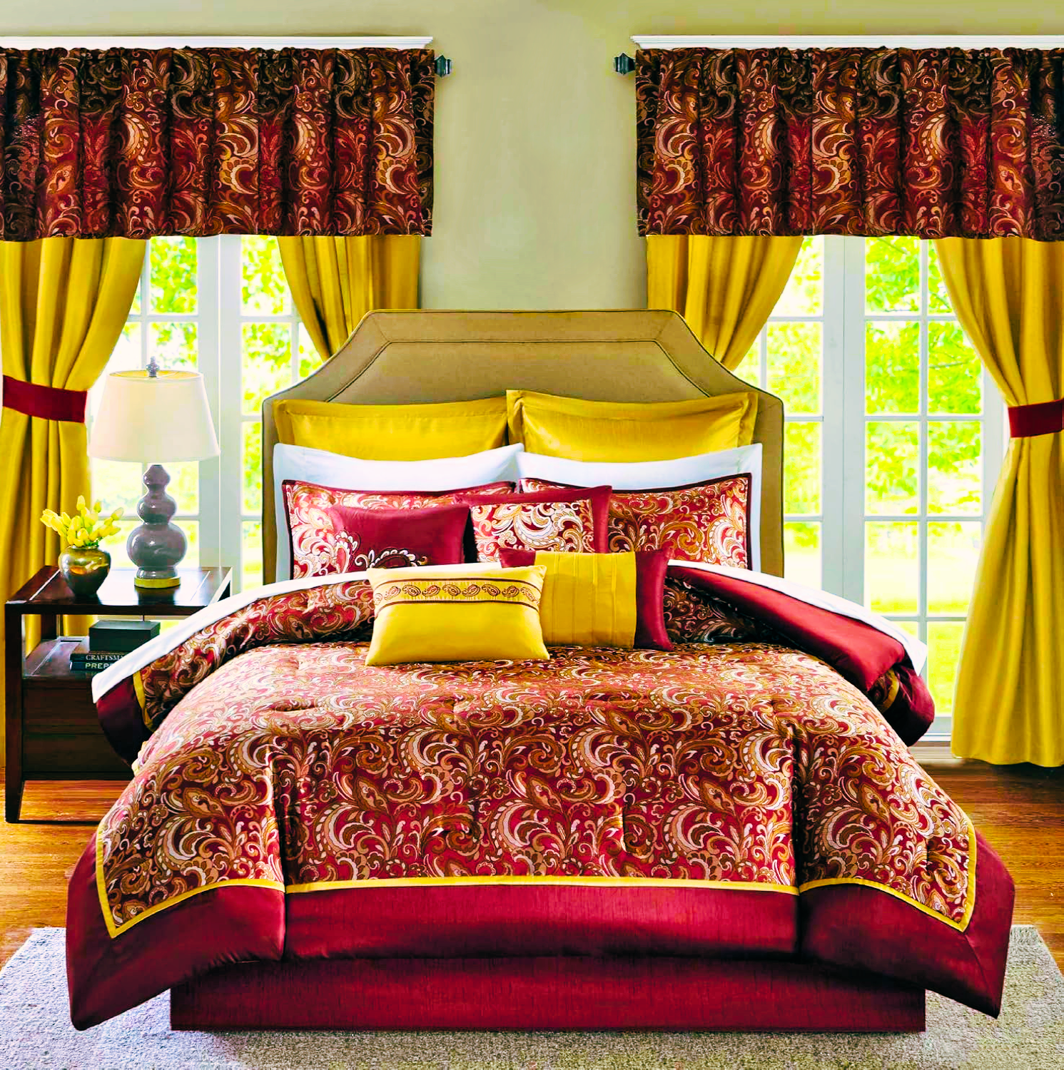 Madison Park Essentials Brystol 24 Piece Comforter Set King Red Faux Silk Jacquard Paisley All Season Bedding