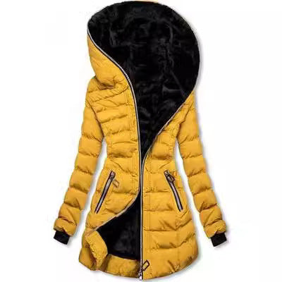 Hooded Warm Fleece Padded Jacket Mid-length Jacket Black Padded Jacket - GreatSpace Discounts