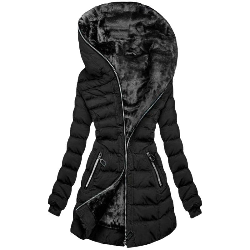 Hooded Warm Fleece Padded Jacket Mid-length Jacket Black Padded Jacket - GreatSpace Discounts