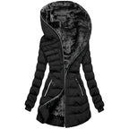 Hooded Warm Fleece Padded Jacket Mid-length Jacket Black Padded Jacket - GreatSpace Discounts