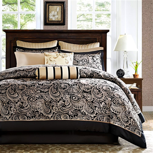 King 12 Piece Cotton Polyester Comforter Set Black Gold Paisley - GreatSpace Discounts