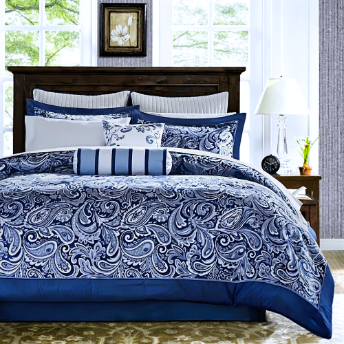 California King 12-piece Reversible Microfiber Comforter Set Navy Blue White - GreatSpace Discounts