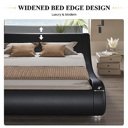 King Modern Black Upholstered Platform Bed Frame with Sleigh Curved Headboard