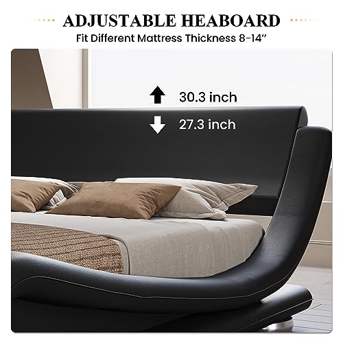 King Modern Black Upholstered Platform Bed Frame with Sleigh Curved Headboard
