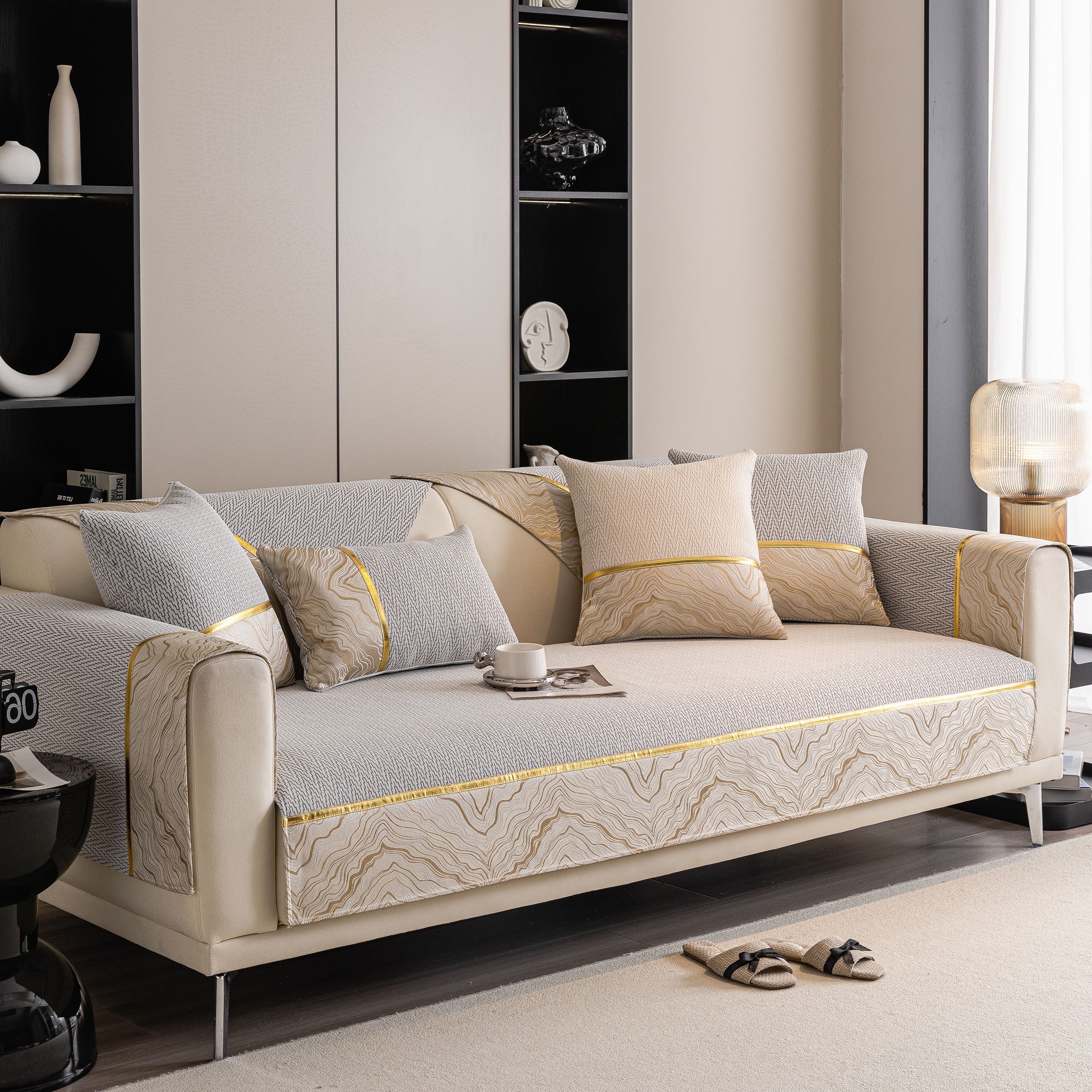 Non-Slip Couch Cover with Gold Trim, Sofa Slipcover for Sectional & Loveseat