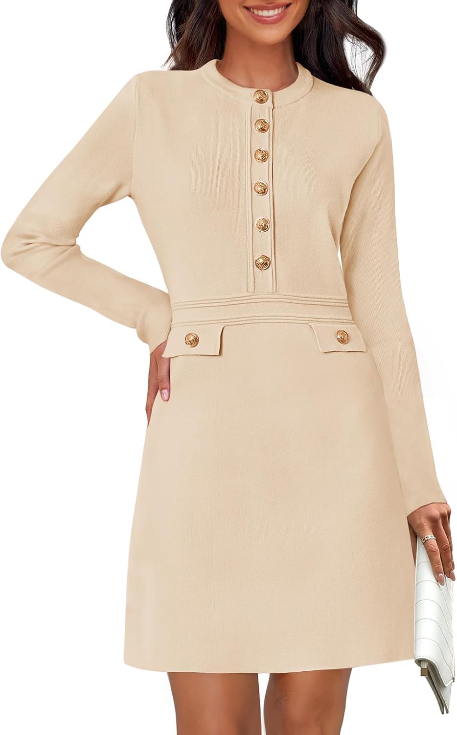 NENONA Women's 2025 Fall Sweater Dress Winter Long Sleeve Fashion Button Elegant Work Formal Cocktail Party Mini Dresses