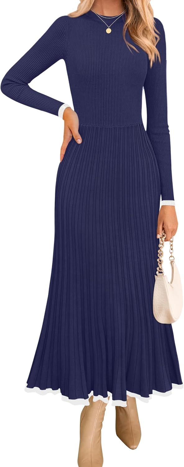ZESICA Women's Long Sleeve Sweater Dress Fall 2025 Crewneck Ribbed Knit Pleated A-Line Maxi Wedding Guest Dresses