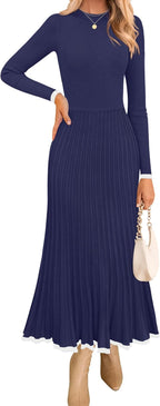 ZESICA Women's Long Sleeve Sweater Dress Fall 2025 Crewneck Ribbed Knit Pleated A-Line Maxi Wedding Guest Dresses