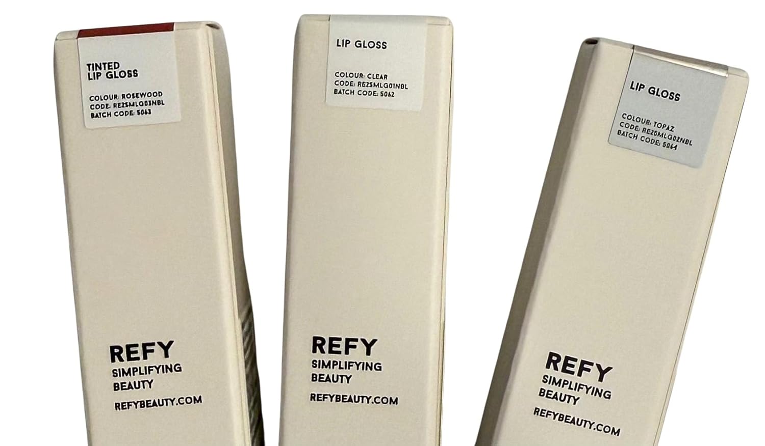 REFY Mini Lip Gloss Trio – Clear, Rosewood & Topaz Shades, Hydrating Non-Sticky Lip Gloss Set, 3 x 5 ml