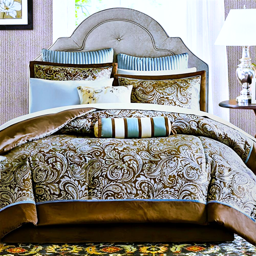 California King 12-piece Reversible Cotton Comforter Set in Brown and Blue - GreatSpace Discounts
