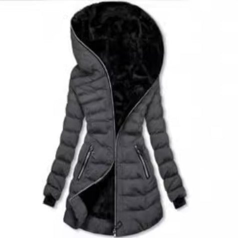 Hooded Warm Fleece Padded Jacket Mid-length Jacket Black Padded Jacket - GreatSpace Discounts