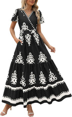 PRETTYGARDEN Womens 2025 Summer Casual V Neck Boho Maxi Dress Flowy Aline Bell Sleeve Tiered Floral Dresses with Pocket