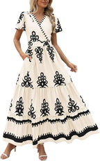 PRETTYGARDEN Womens 2025 Summer Casual V Neck Boho Maxi Dress Flowy Aline Bell Sleeve Tiered Floral Dresses with Pocket