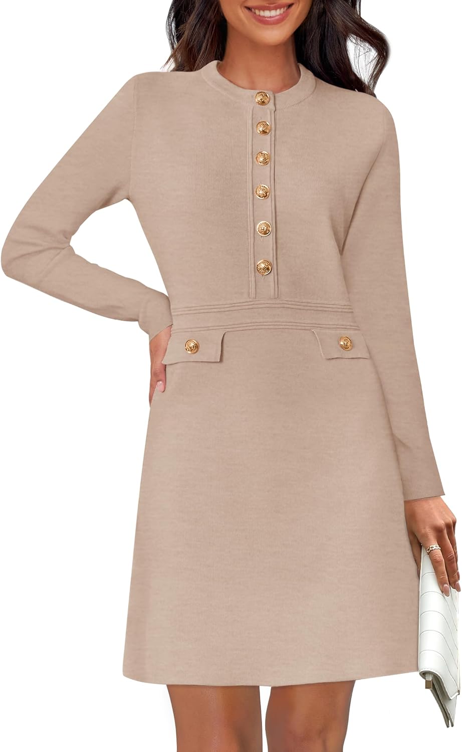 NENONA Women's 2025 Fall Sweater Dress Winter Long Sleeve Fashion Button Elegant Work Formal Cocktail Party Mini Dresses