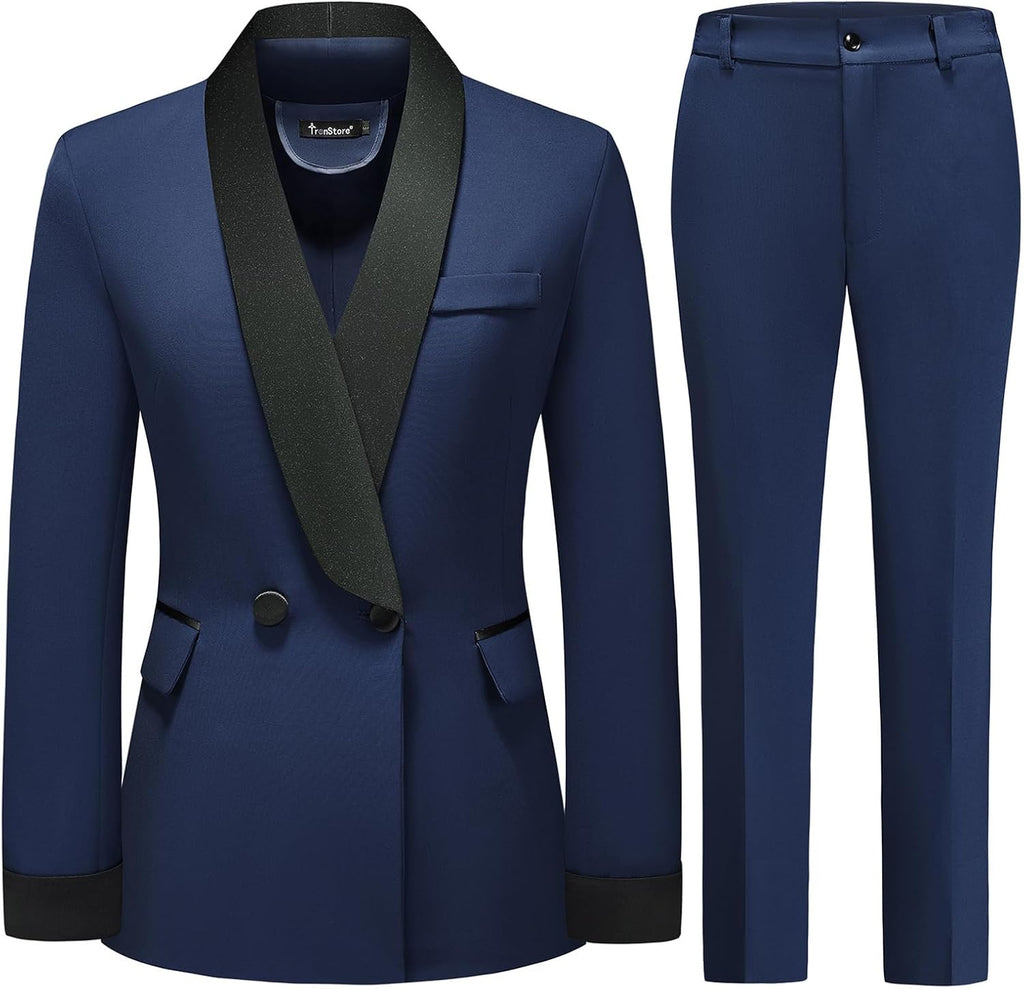 Women's Pants Suit 2 Piece Set Smil Fit Jacket Shawl Sollar Blazer Dress for Women - GreatSpace Discounts