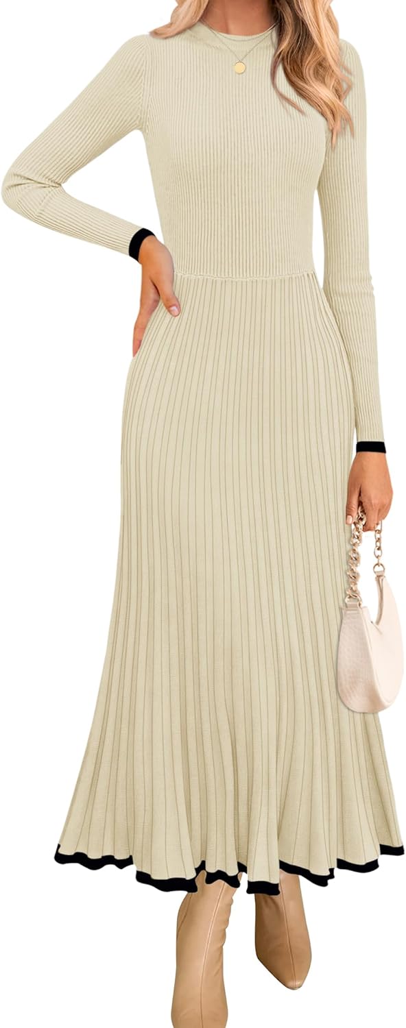 ZESICA Women's Long Sleeve Sweater Dress Fall 2025 Crewneck Ribbed Knit Pleated A-Line Maxi Wedding Guest Dresses