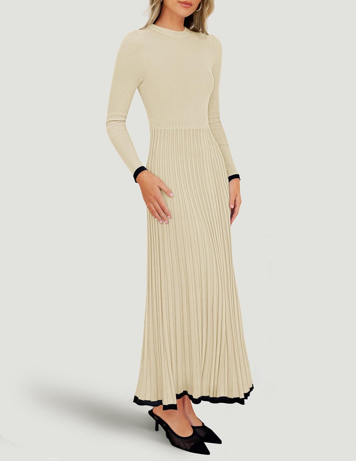 ZESICA Women's Long Sleeve Sweater Dress Fall 2025 Crewneck Ribbed Knit Pleated A-Line Maxi Wedding Guest Dresses