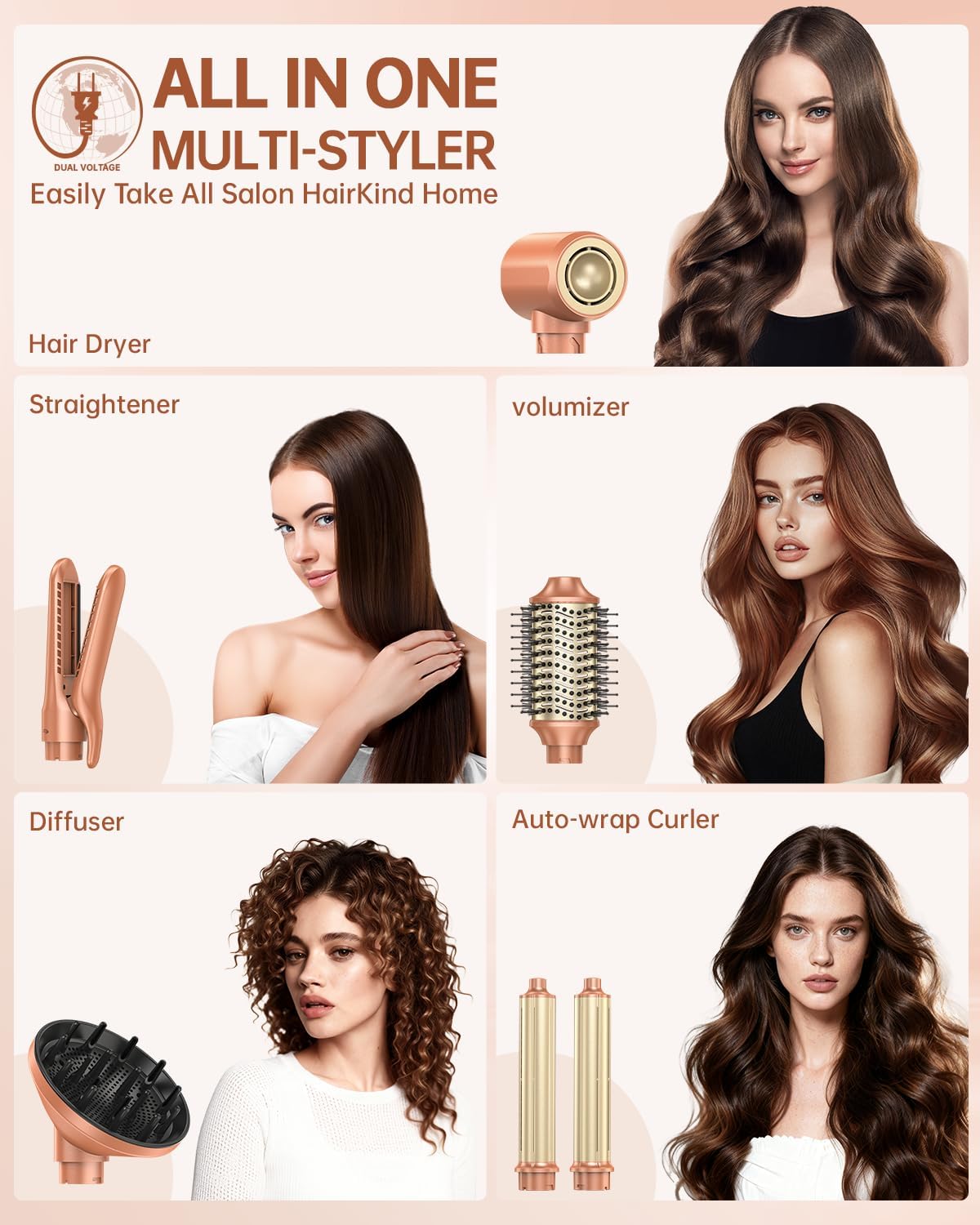 [Dual Voltage] webeauty 6 in 1 Hot Air Styler, High-Speed Negative Ionic Hair Dryer with Auto Curlers, Professional Blow Dryer Brush, Diffuser, Volumizer Multiple Styling, No Heat Damage - GreatSpace Discounts
