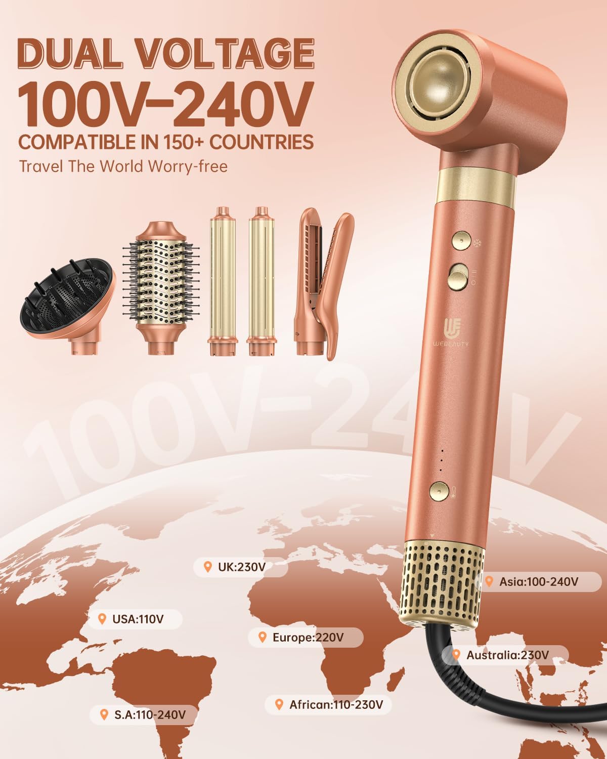 [Dual Voltage] webeauty 6 in 1 Hot Air Styler, High-Speed Negative Ionic Hair Dryer with Auto Curlers, Professional Blow Dryer Brush, Diffuser, Volumizer Multiple Styling, No Heat Damage - GreatSpace Discounts