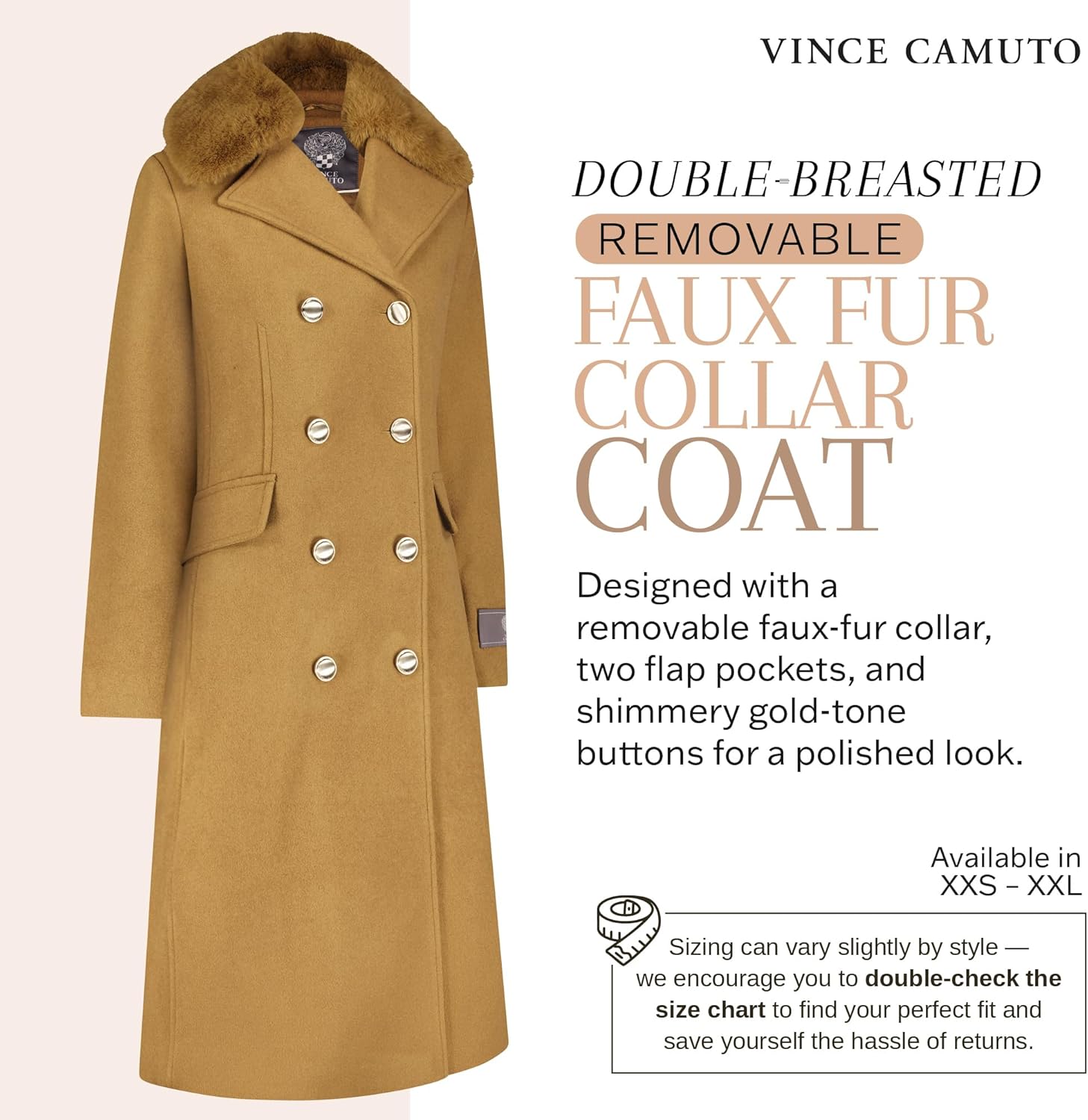 Vince Camuto Winter Coats - Women Double-Breasted Faux Collar Wool Womens Jacket - GreatSpace Discounts