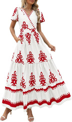 PRETTYGARDEN Womens 2025 Summer Casual V Neck Boho Maxi Dress Flowy Aline Bell Sleeve Tiered Floral Dresses with Pocket