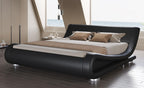 King Modern Black Upholstered Platform Bed Frame with Sleigh Curved Headboard
