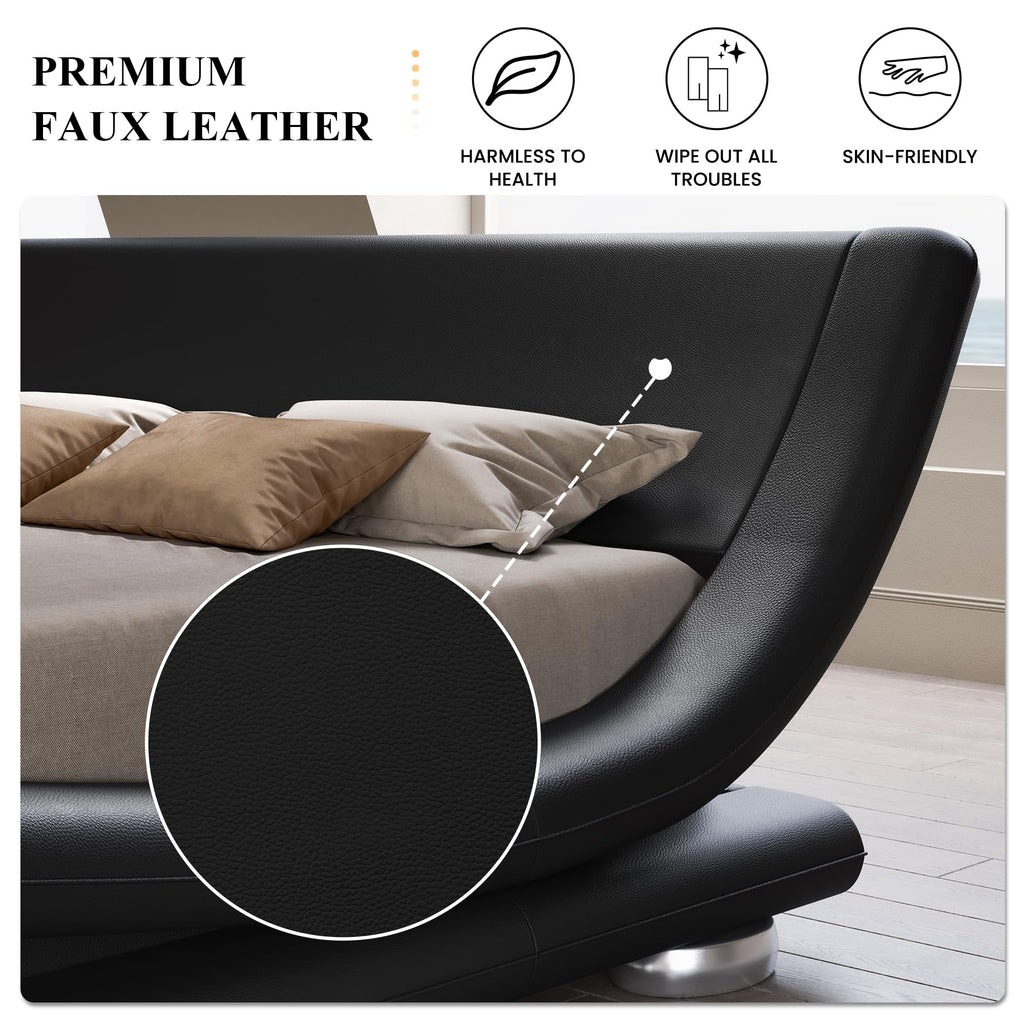 King Modern Black Upholstered Platform Bed Frame with Sleigh Curved Headboard