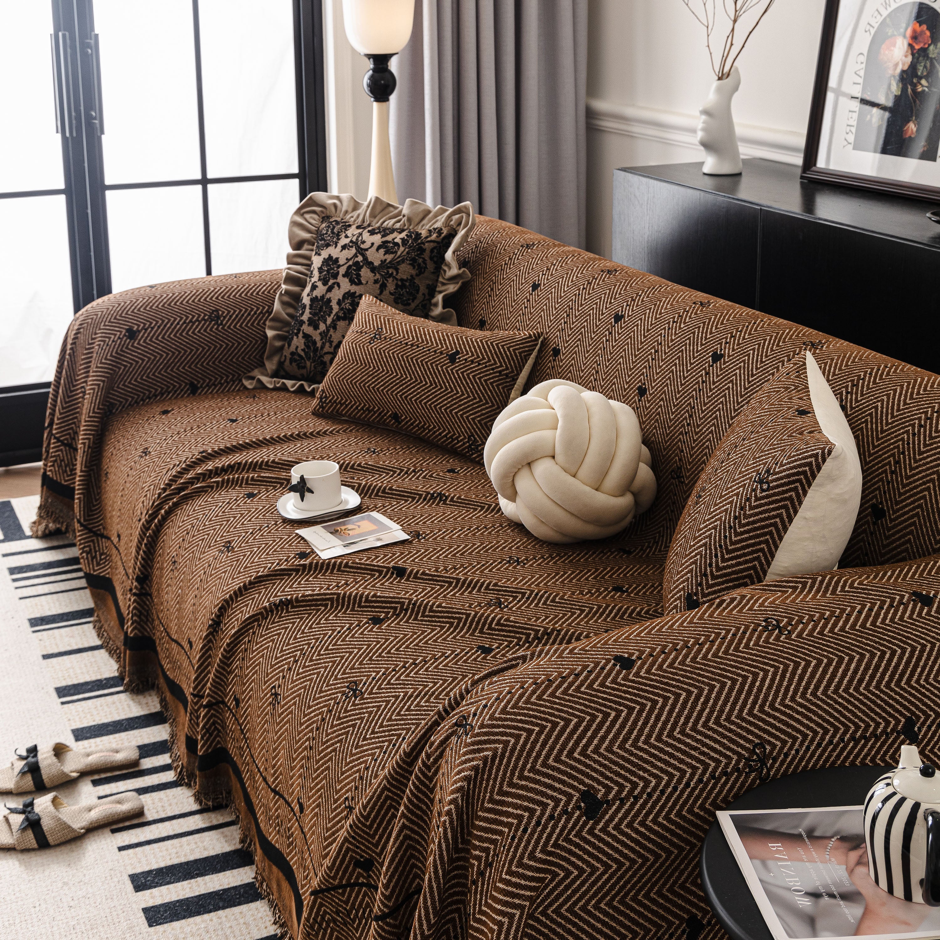 Chenille Couch Throw Cover Decorative Herringbone Sofa Blanket Protector for Couch