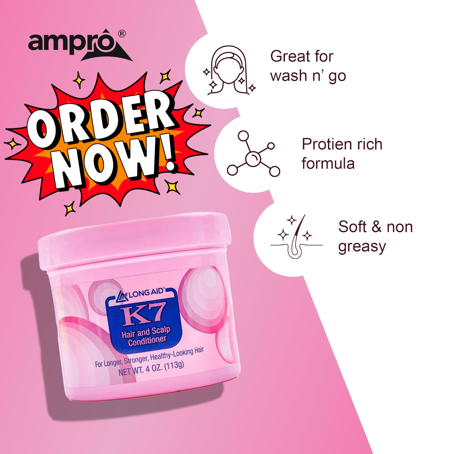 AmPro Long Aid K7 Hair and Scalp Conditioner for Longer, Stronger Hair 4 oz
