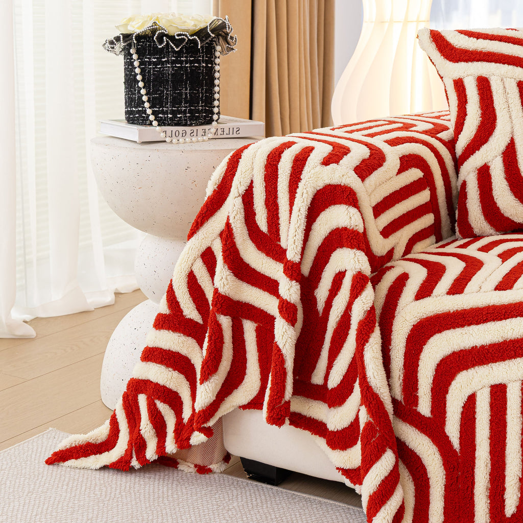 Plush Sherpa Sofa Throw Cover for Sectional, Jacquard Wave Throw Furniture Protector