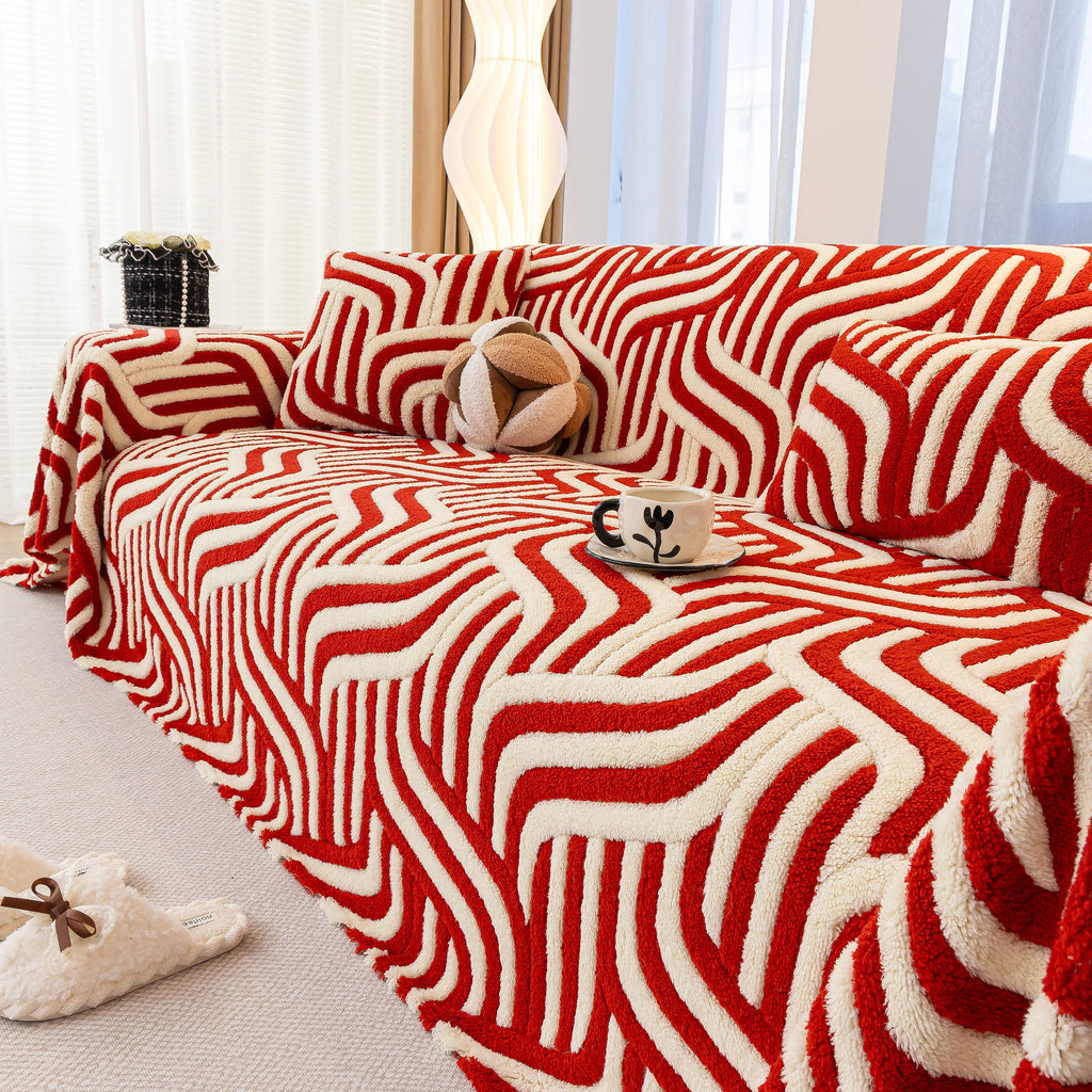 Plush Sherpa Sofa Throw Cover for Sectional, Jacquard Wave Throw Furniture Protector