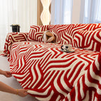 Plush Sherpa Sofa Throw Cover for Sectional, Jacquard Wave Throw Furniture Protector