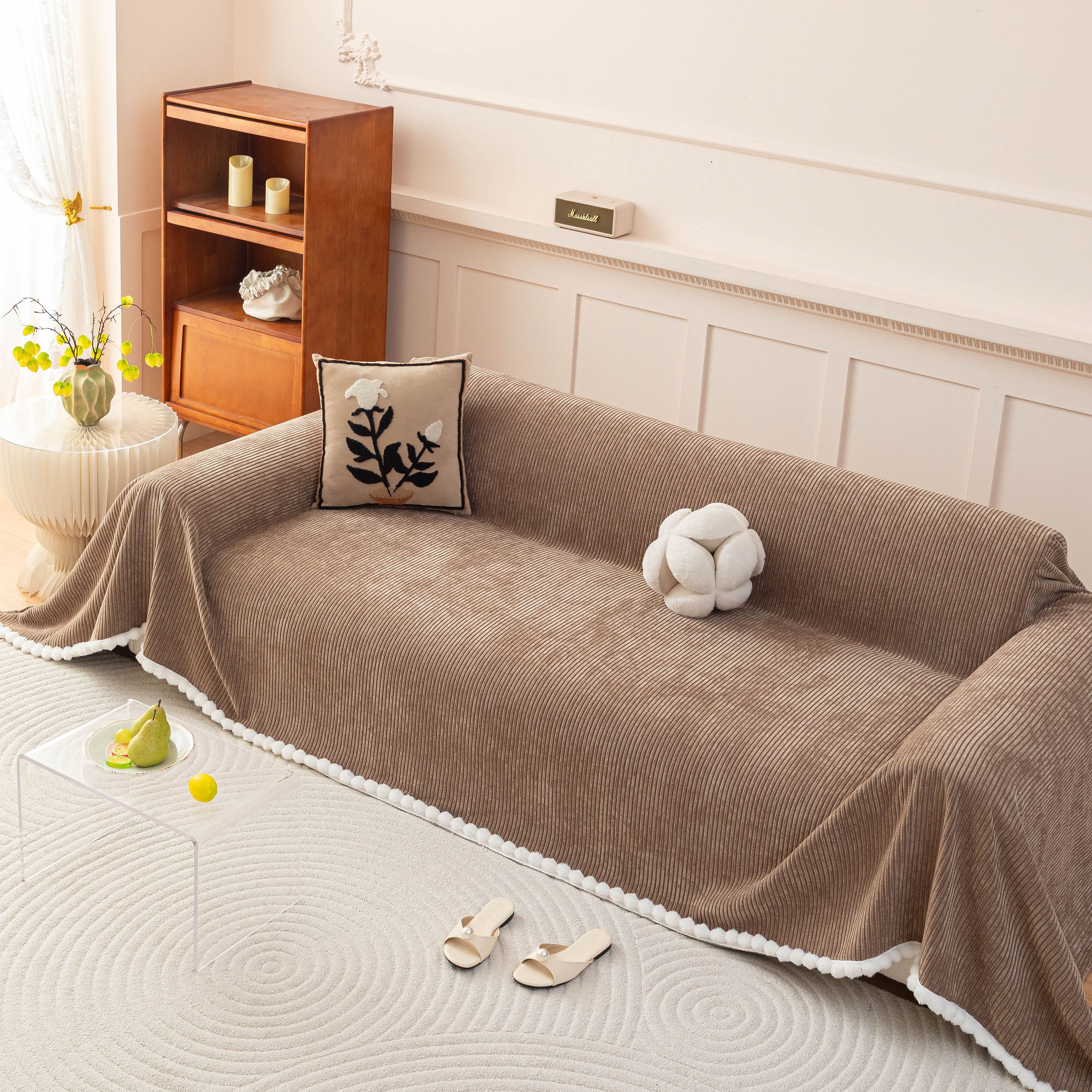 Textured Striped Cozy Couch Cover Throw Blanket with Pom Pom Trim for Sectional Sofa