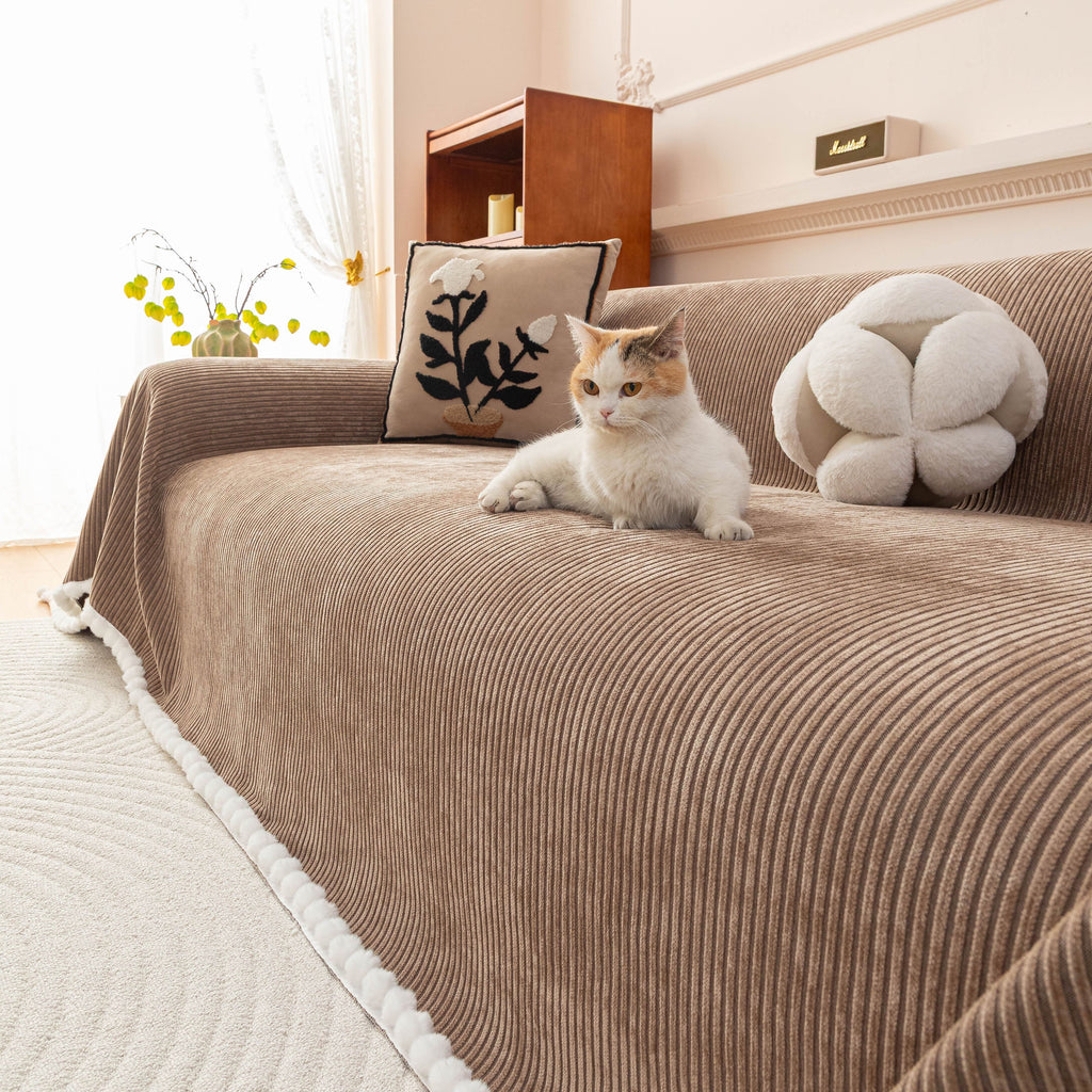 Textured Striped Cozy Couch Cover Throw Blanket with Pom Pom Trim for Sectional Sofa