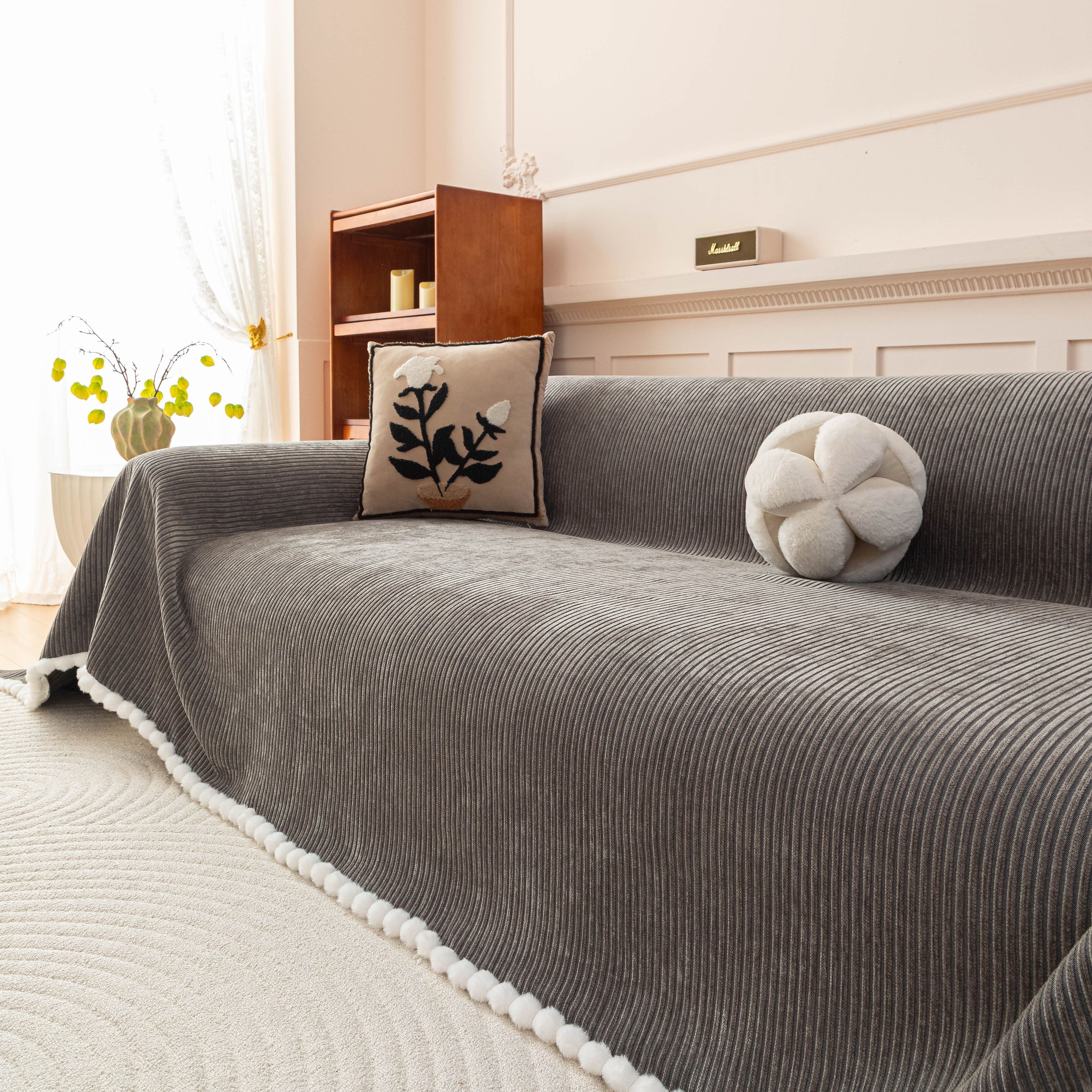 Textured Striped Cozy Couch Cover Throw Blanket with Pom Pom Trim for Sectional Sofa