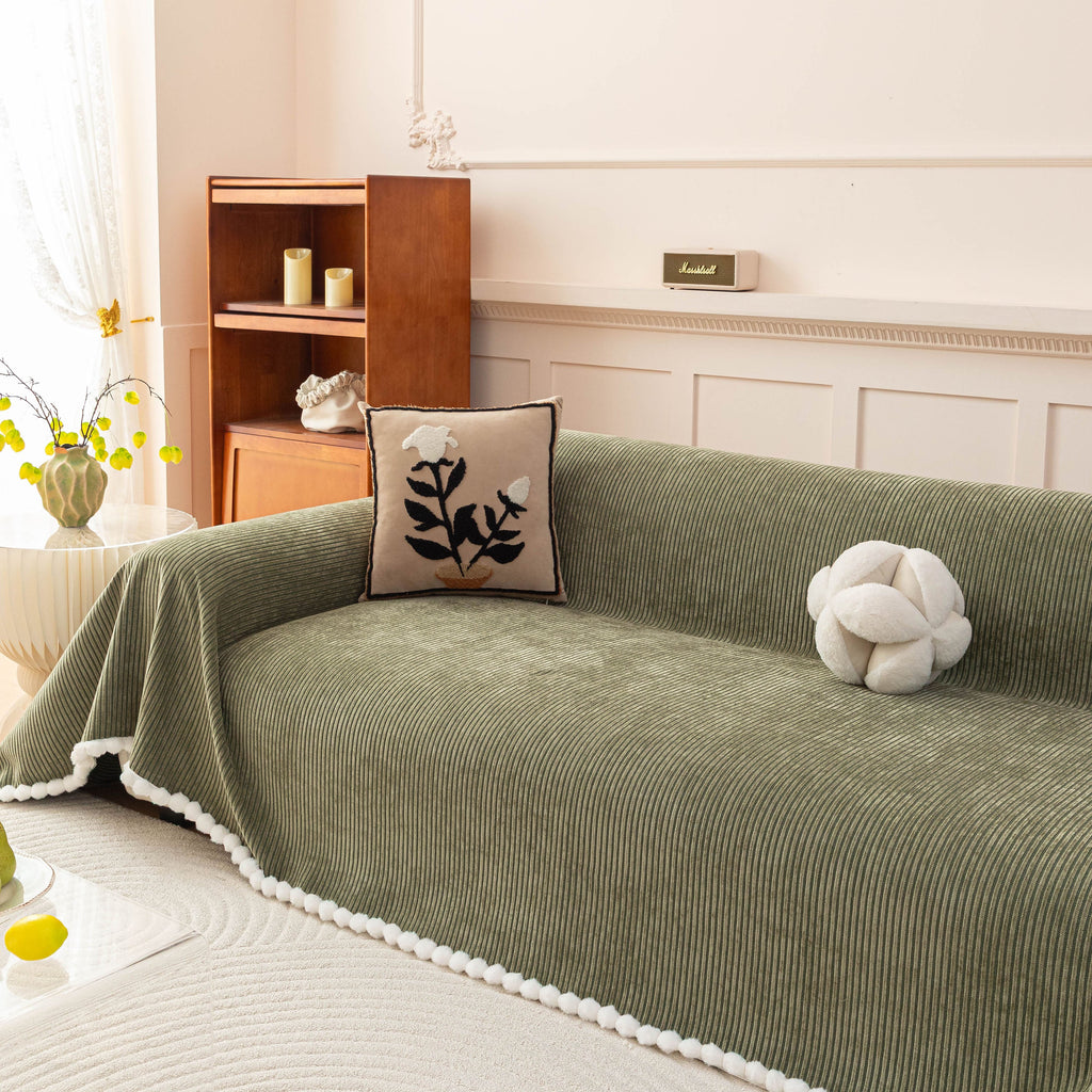 Textured Striped Cozy Couch Cover Throw Blanket with Pom Pom Trim for Sectional Sofa