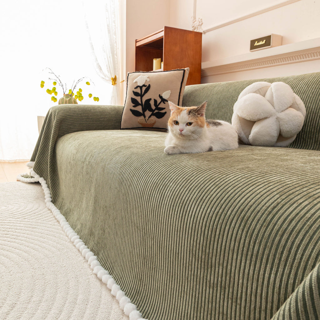 Textured Striped Cozy Couch Cover Throw Blanket with Pom Pom Trim for Sectional Sofa