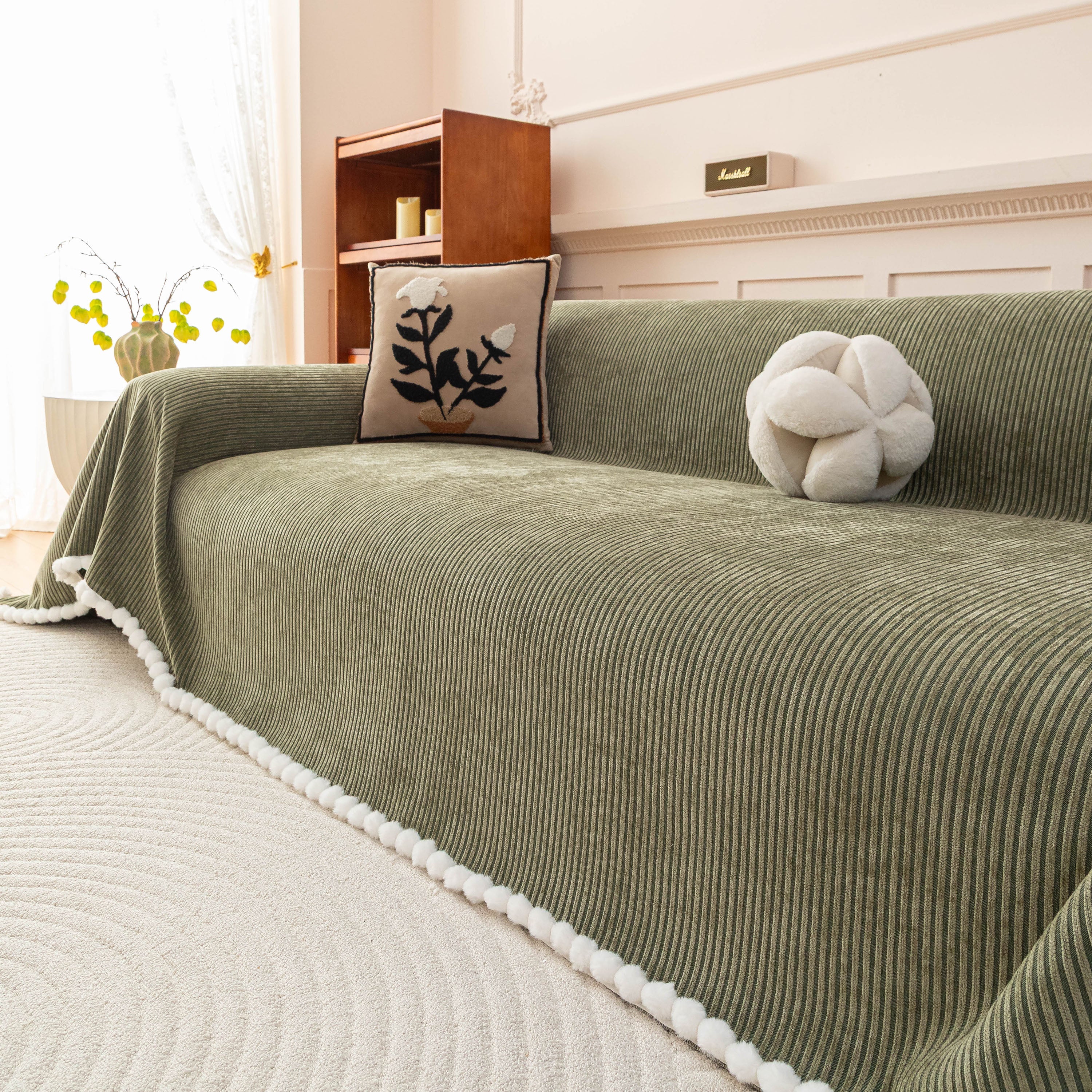 Textured Striped Cozy Couch Cover Throw Blanket with Pom Pom Trim for Sectional Sofa