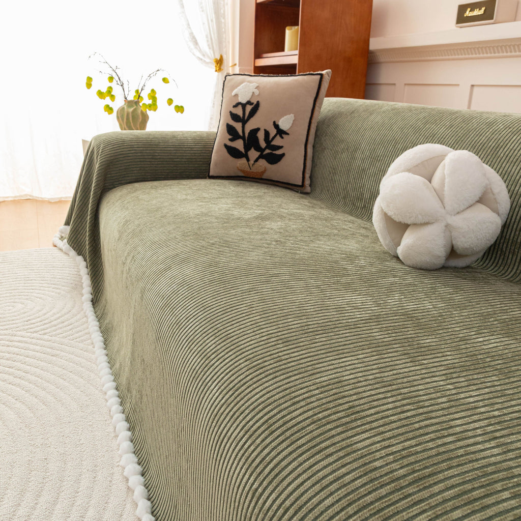 Textured Striped Cozy Couch Cover Throw Blanket with Pom Pom Trim for Sectional Sofa
