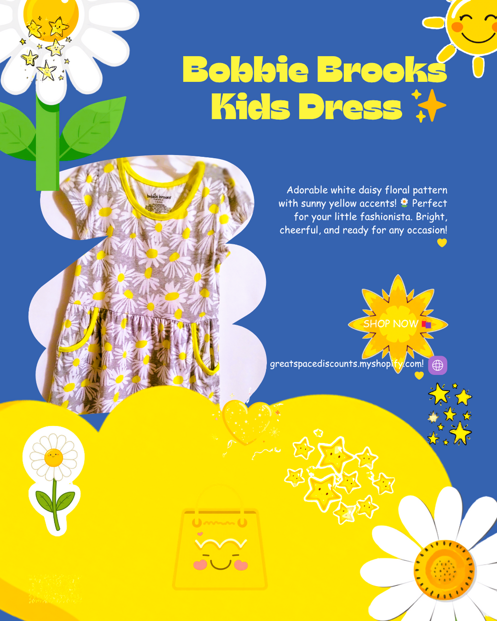 NWT Bobbie Brooks Daisy Print Dress - Gray & Yellow, XS, S, M