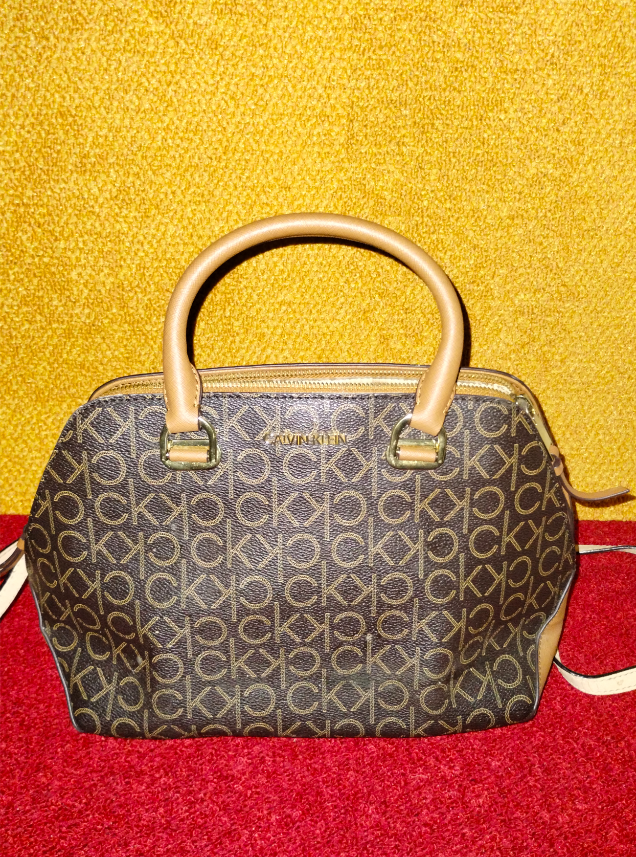 Calvin Klein Purse Monogram Canvas with Tan Leather Handles