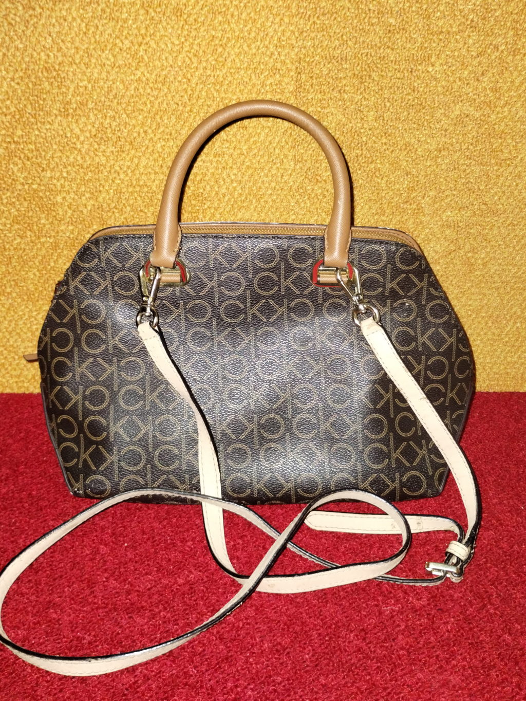 Calvin Klein Purse Monogram Canvas with Tan Leather Handles